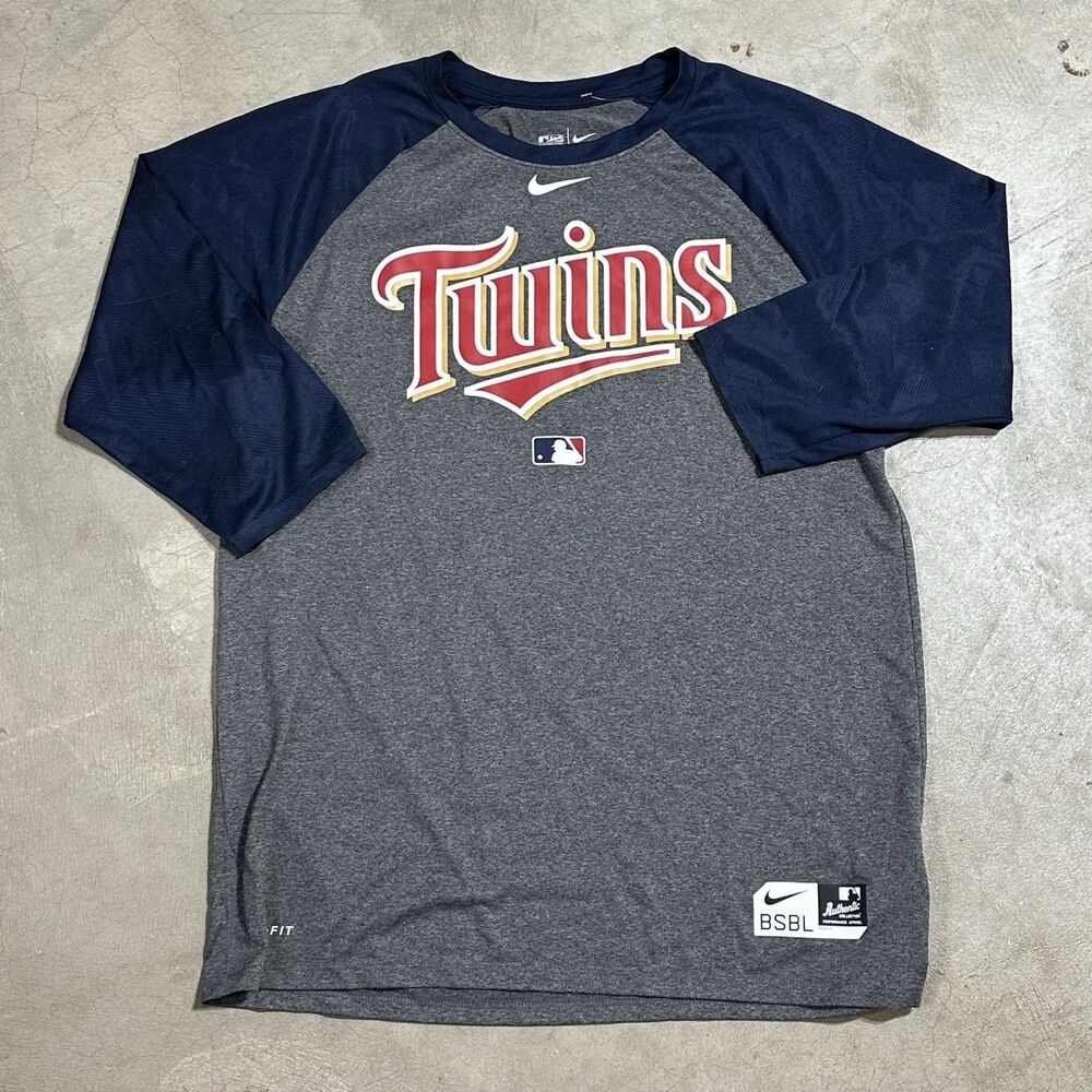 MLB Minnesota Twins Nike Dri Fit Shirt Mens Small Gray 3/4 Sleeve Baseball
